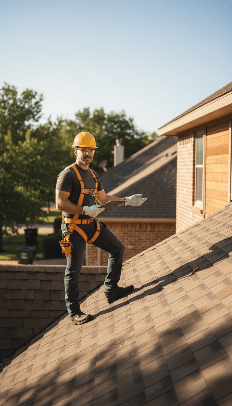 Roofing professional conducting a roof inspection