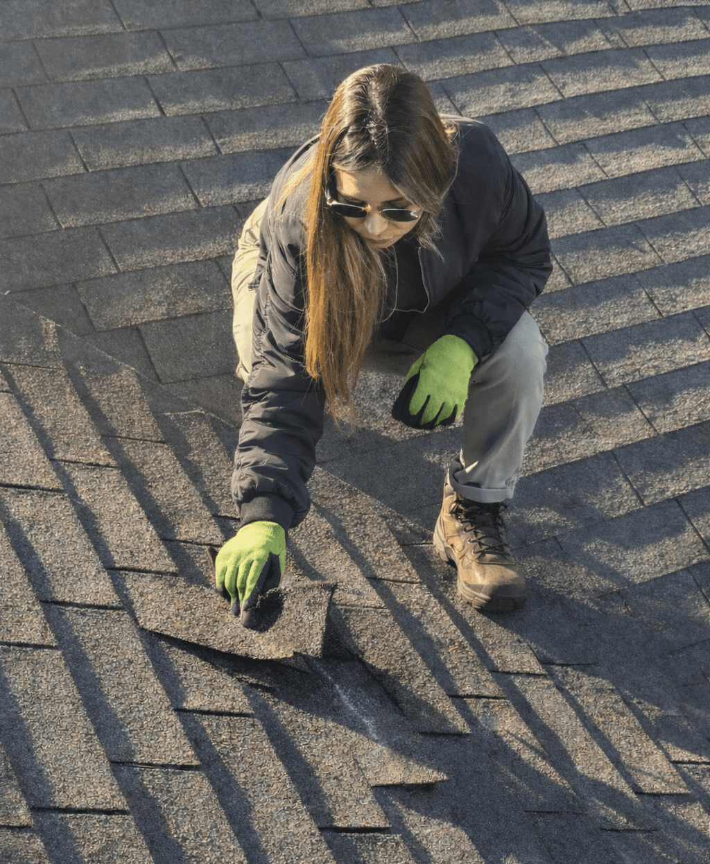 Woman wearing green gloves and sunglasses inspects loose shingles on a sloped asphalt roof.